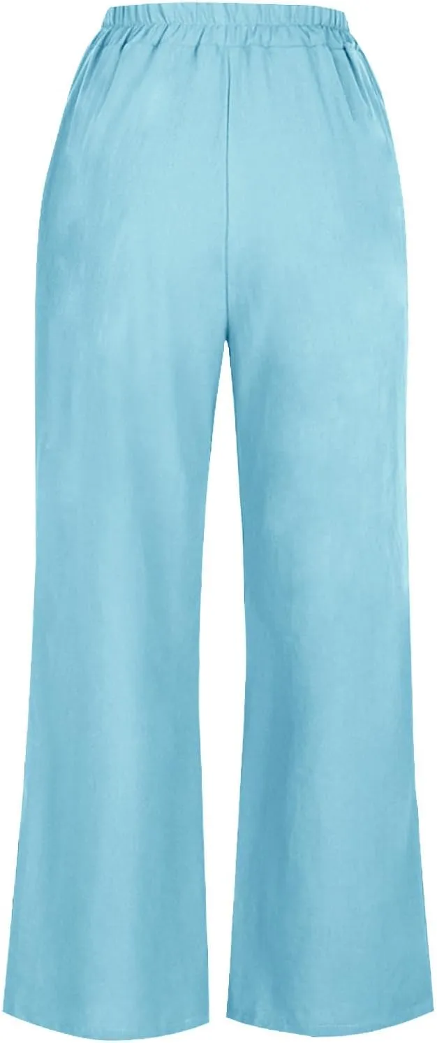 Cotton Linen Pants Women Trendy Elastic High Waist Wide Leg Pants Baggy Casual Lightweight Comfy Trousers with Pocket