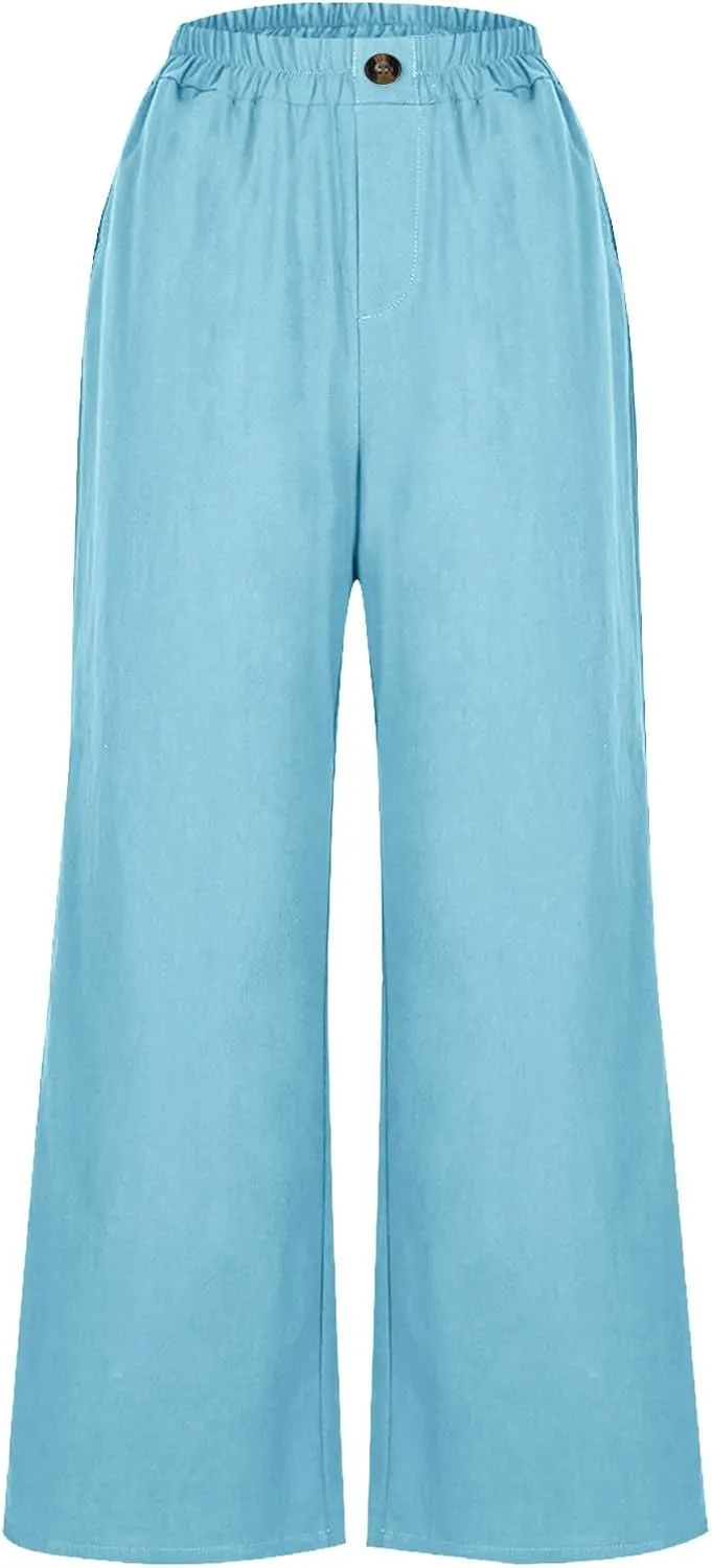 Cotton Linen Pants Women Trendy Elastic High Waist Wide Leg Pants Baggy Casual Lightweight Comfy Trousers with Pocket