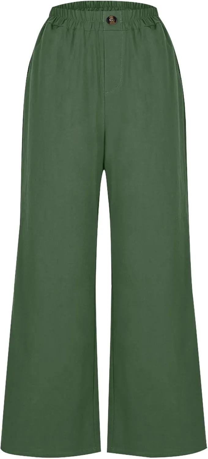 Cotton Linen Pants Women Trendy Elastic High Waist Wide Leg Pants Baggy Casual Lightweight Comfy Trousers with Pocket