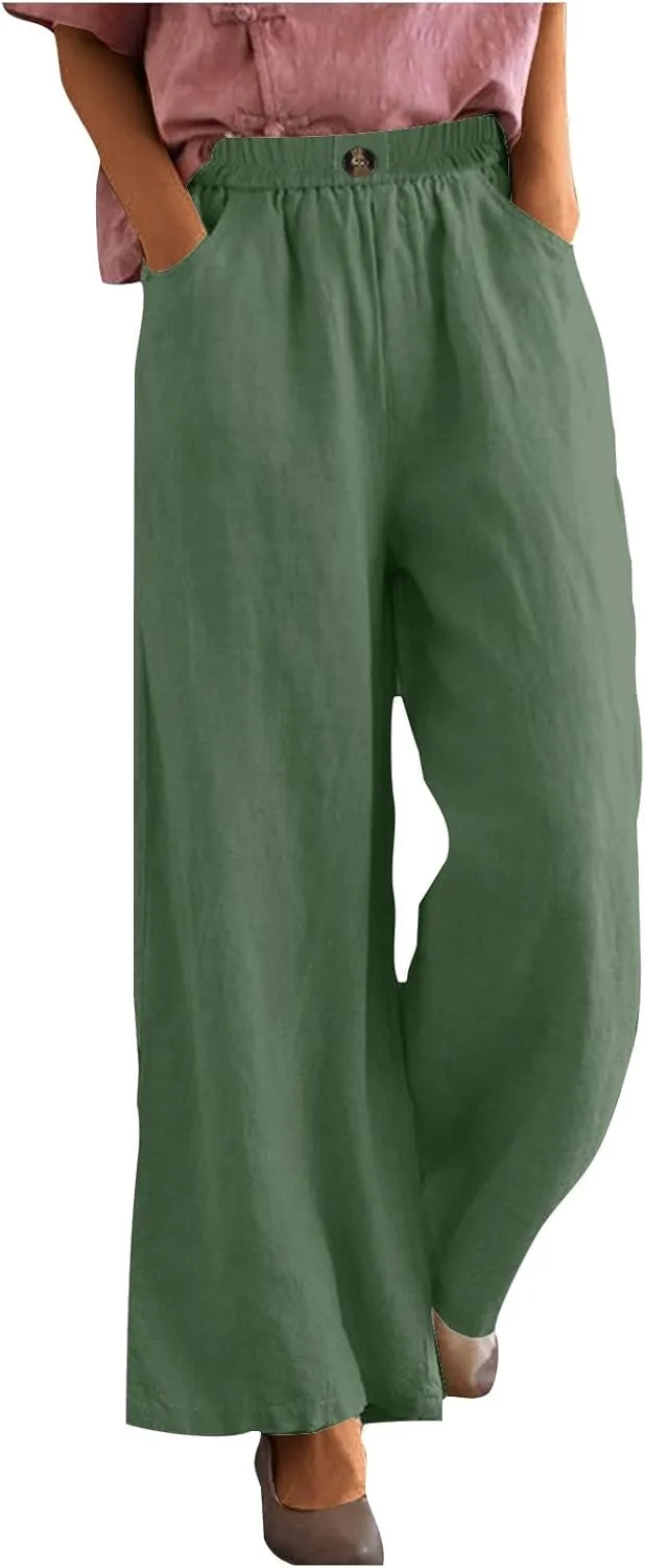Cotton Linen Pants Women Trendy Elastic High Waist Wide Leg Pants Baggy Casual Lightweight Comfy Trousers with Pocket