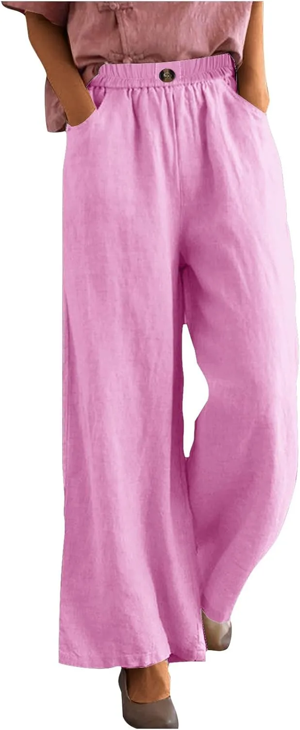 Cotton Linen Pants Women Trendy Elastic High Waist Wide Leg Pants Baggy Casual Lightweight Comfy Trousers with Pocket