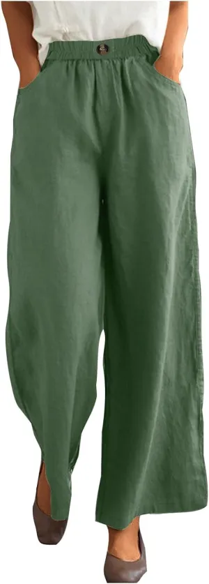 Cotton Linen Pants Women Trendy Elastic High Waist Wide Leg Pants Baggy Casual Lightweight Comfy Trousers with Pocket