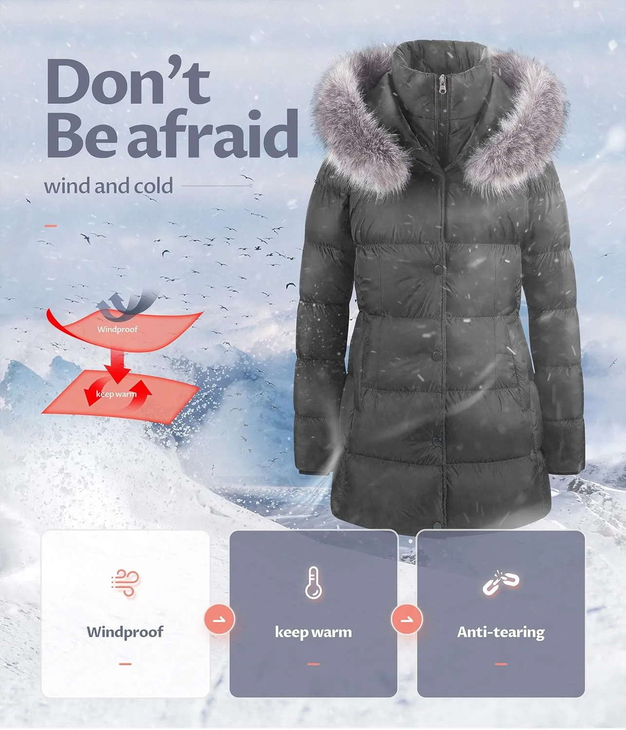 CREATMO US Women's Winter Snow Jacket Long Fur Puffer Coat With Removable Faux Fur Trim