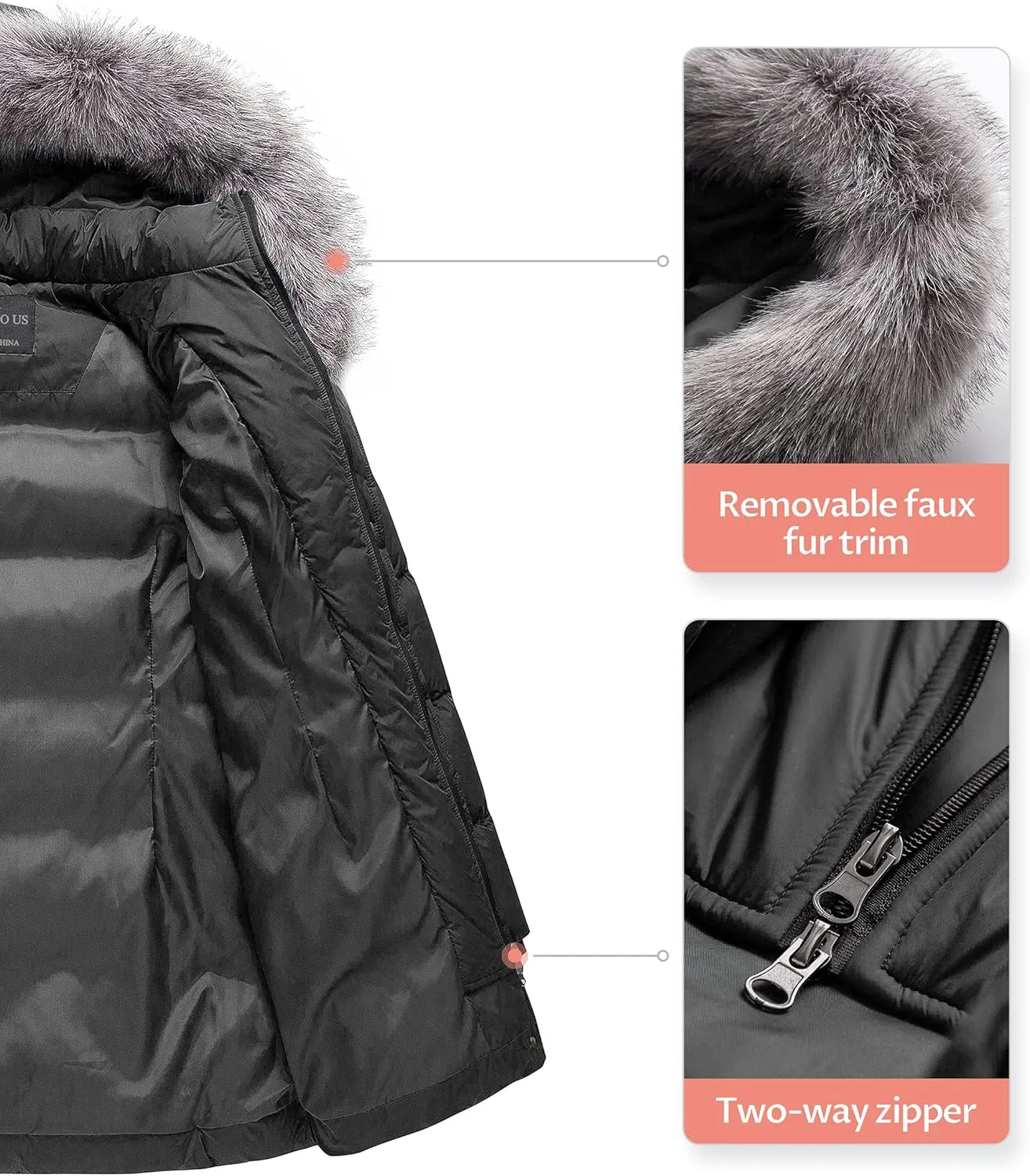 CREATMO US Women's Winter Snow Jacket Long Fur Puffer Coat With Removable Faux Fur Trim