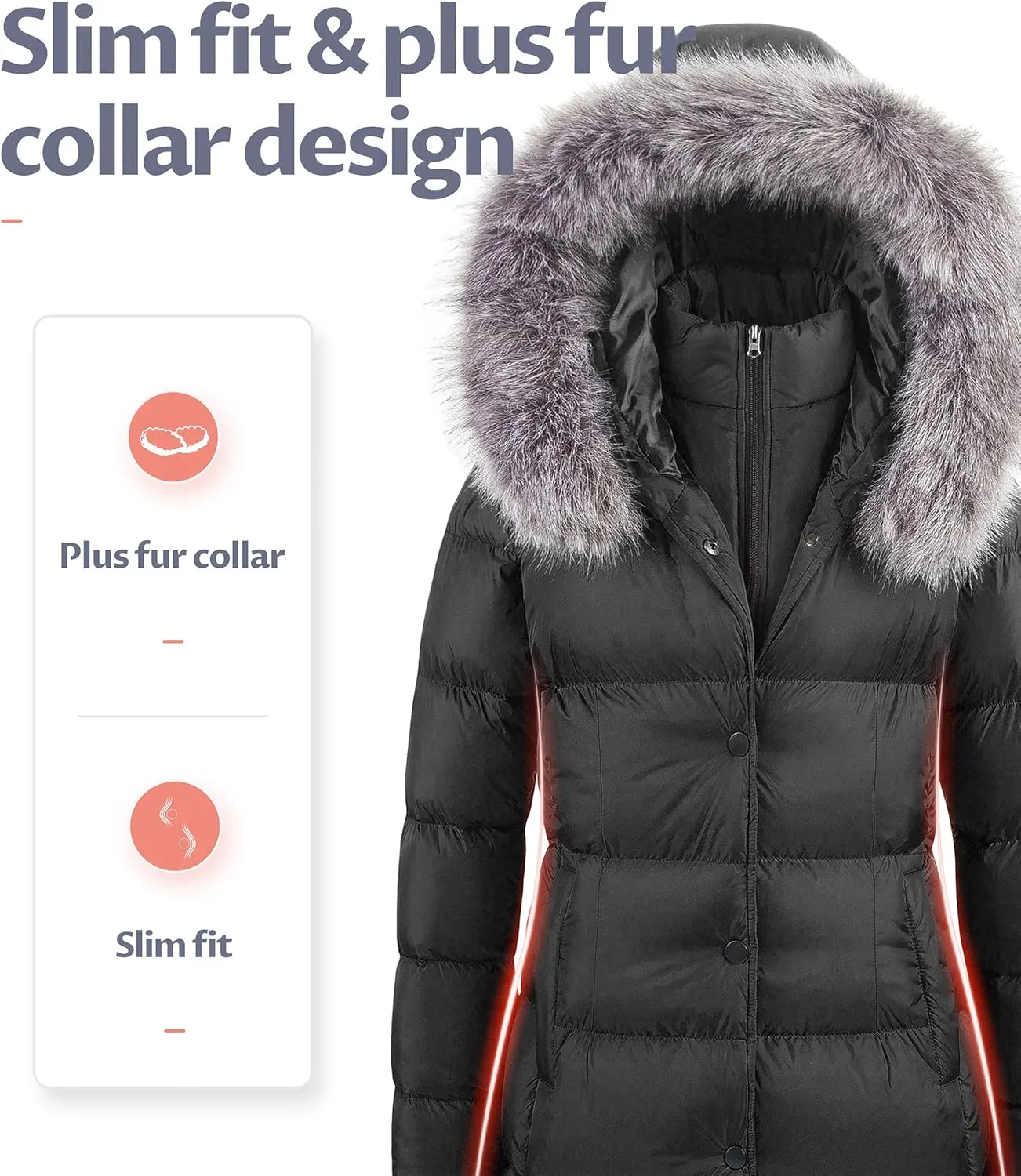 CREATMO US Women's Winter Snow Jacket Long Fur Puffer Coat With Removable Faux Fur Trim