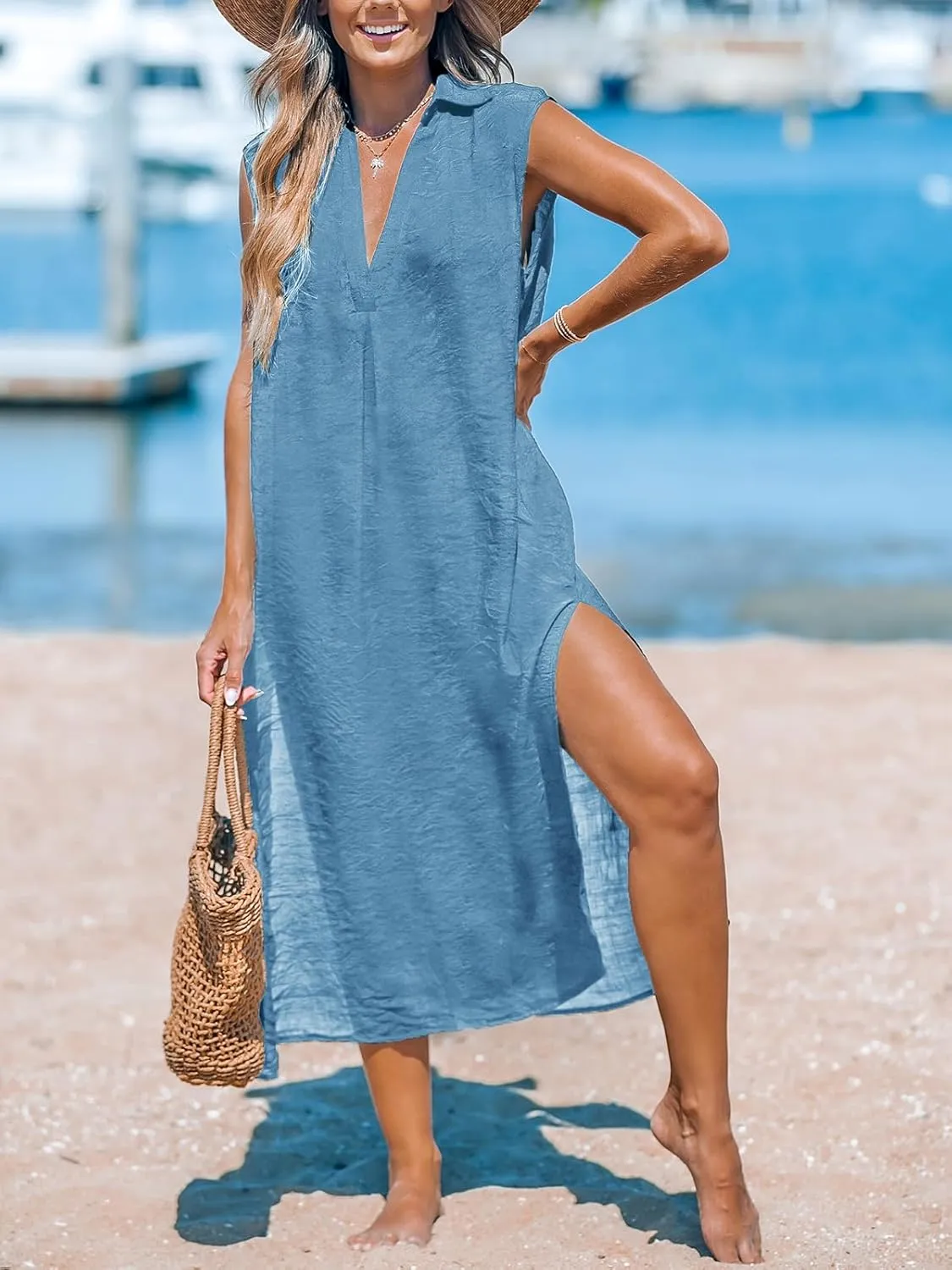CUPSHE Women's Swimsuit Coverup Casual Sleeveless Side Split Long Cardigans V Neck Midi Beach Dress