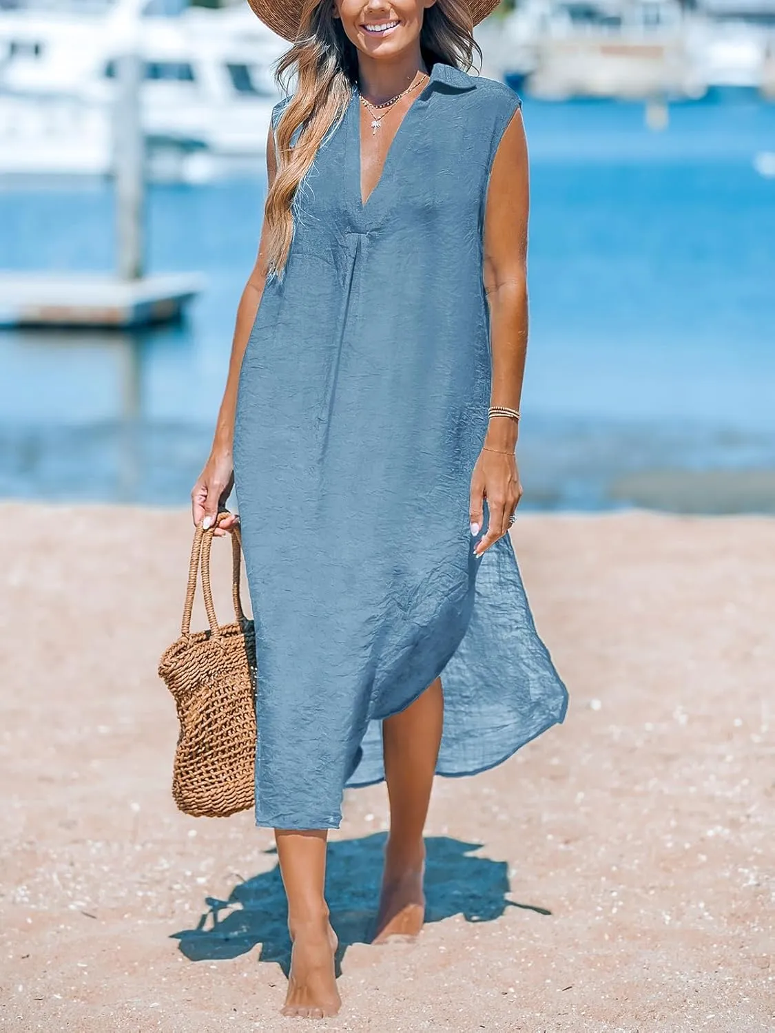 CUPSHE Women's Swimsuit Coverup Casual Sleeveless Side Split Long Cardigans V Neck Midi Beach Dress