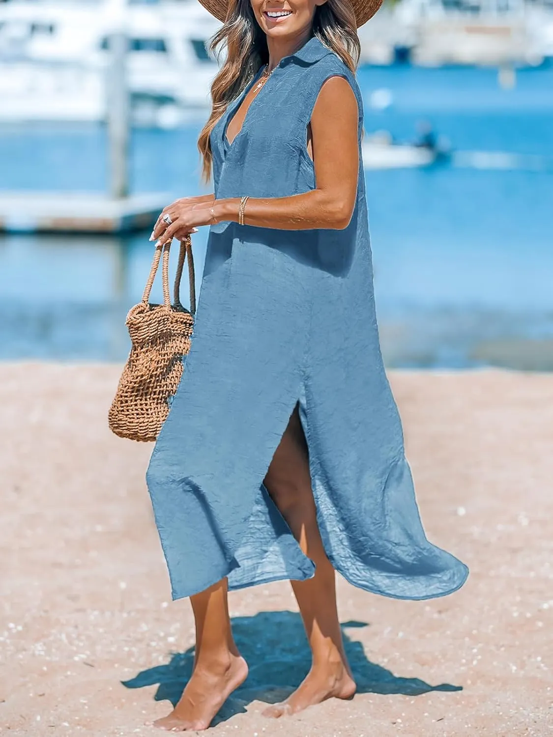 CUPSHE Women's Swimsuit Coverup Casual Sleeveless Side Split Long Cardigans V Neck Midi Beach Dress