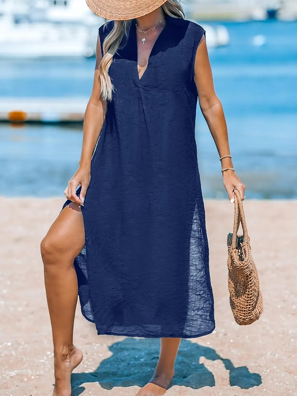 CUPSHE Women's Swimsuit Coverup Casual Sleeveless Side Split Long Cardigans V Neck Midi Beach Dress