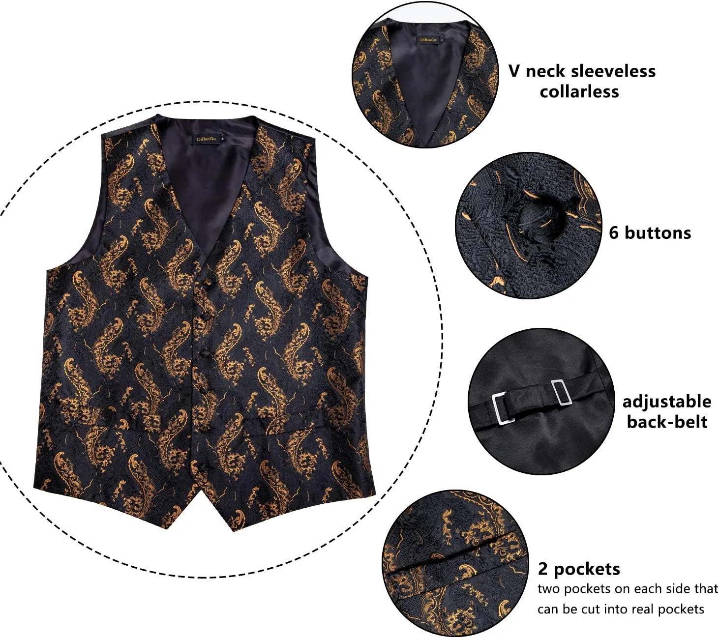 DiBanGu Men's Silk Paisley Vest and Necktie Set 6PCS Pre-tied Bow Tie Formal Waistcoat for Wedding Party