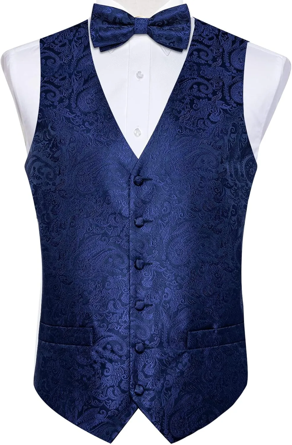 DiBanGu Men's Silk Paisley Vest and Necktie Set 6PCS Pre-tied Bow Tie Formal Waistcoat for Wedding Party