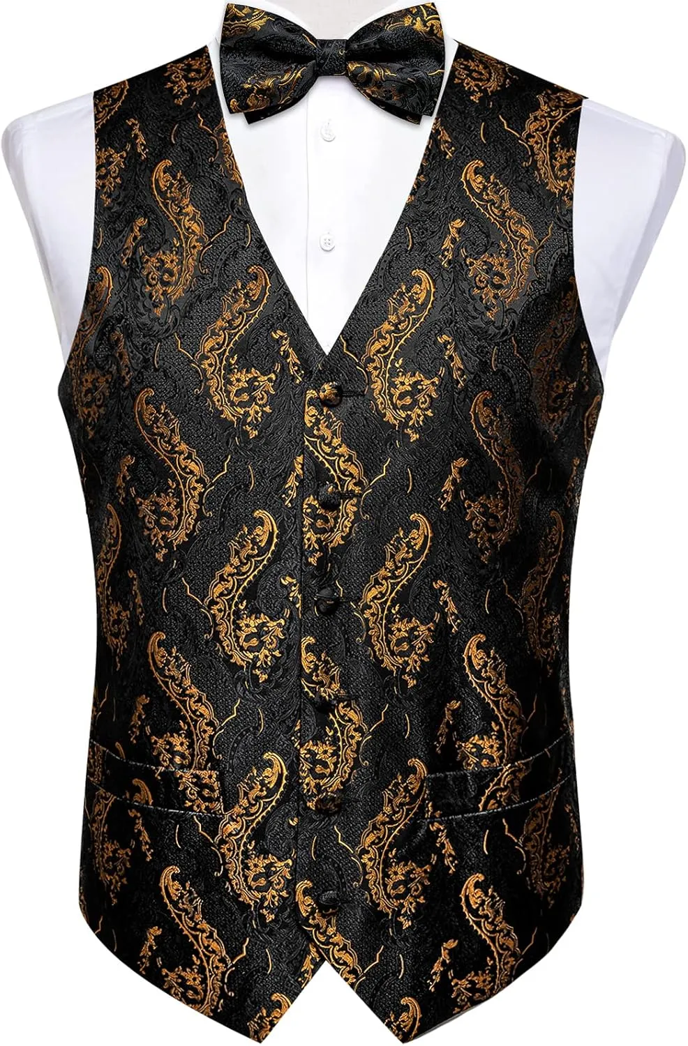 DiBanGu Men's Silk Paisley Vest and Necktie Set 6PCS Pre-tied Bow Tie Formal Waistcoat for Wedding Party