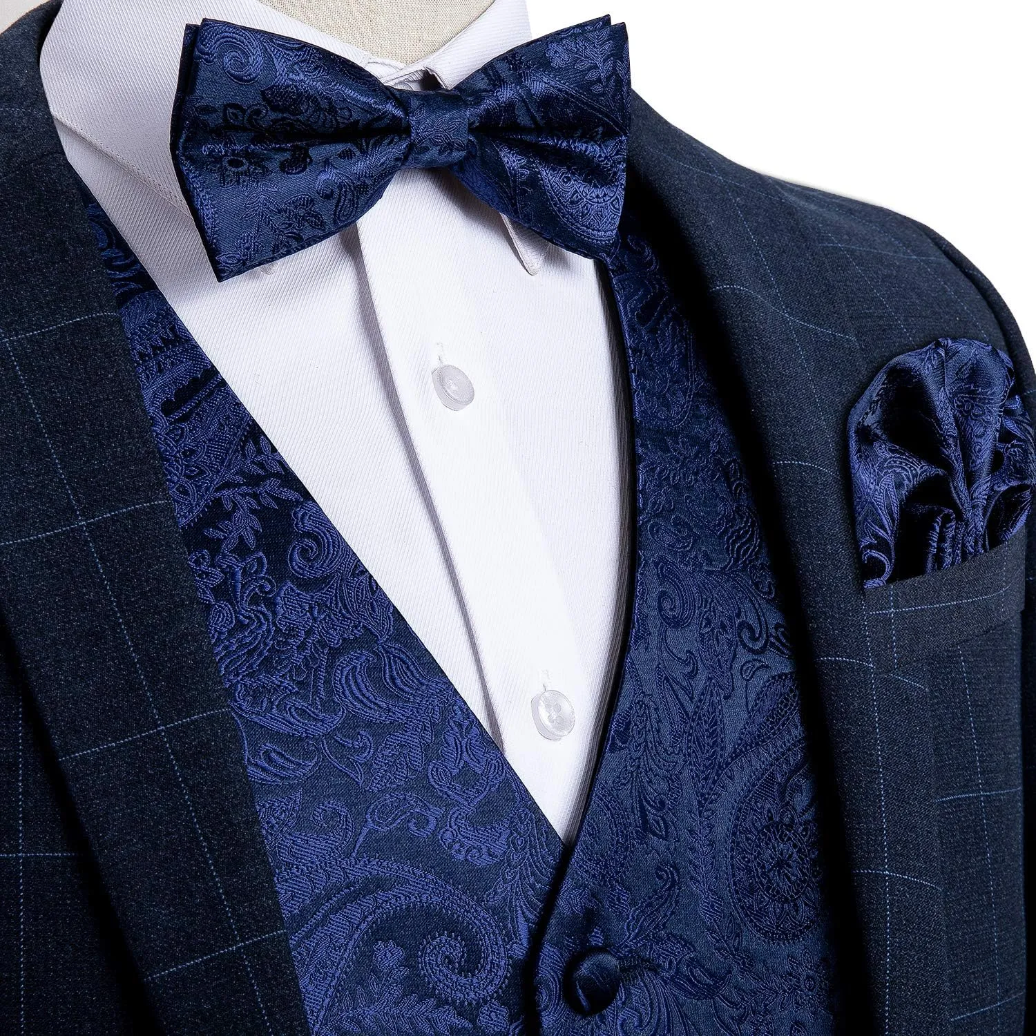 DiBanGu Men's Silk Paisley Vest and Necktie Set 6PCS Pre-tied Bow Tie Formal Waistcoat for Wedding Party