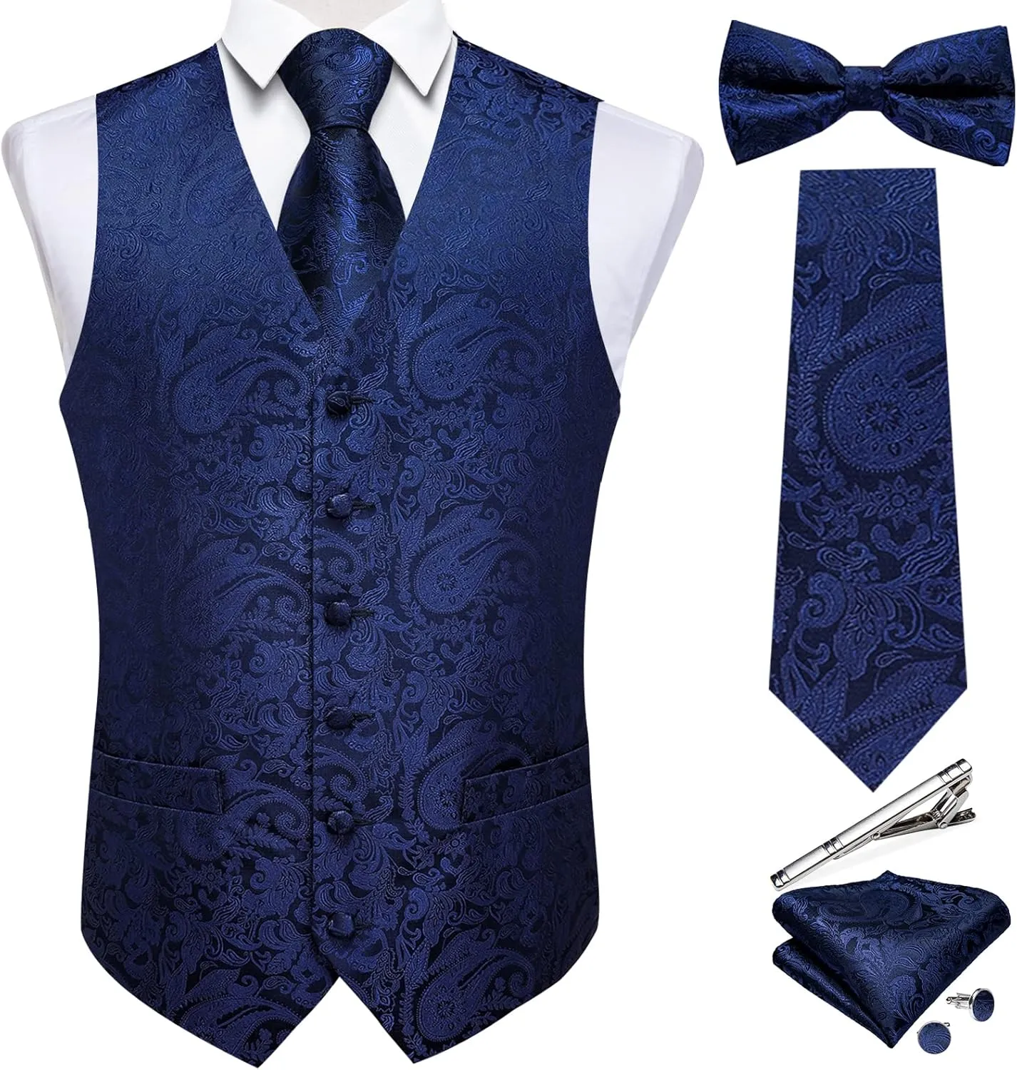 DiBanGu Men's Silk Paisley Vest and Necktie Set 6PCS Pre-tied Bow Tie Formal Waistcoat for Wedding Party