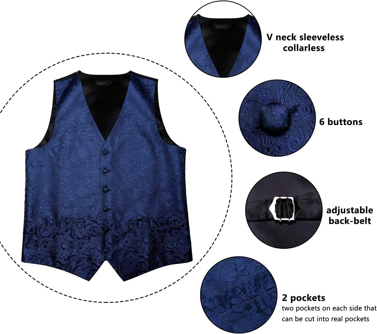 DiBanGu Men's Silk Paisley Vest and Necktie Set 6PCS Pre-tied Bow Tie Formal Waistcoat for Wedding Party