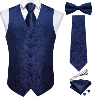 DiBanGu Men's Silk Paisley Vest and Necktie Set 6PCS Pre-tied Bow Tie Formal Waistcoat for Wedding Party
