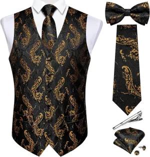 DiBanGu Men's Silk Paisley Vest and Necktie Set 6PCS Pre-tied Bow Tie Formal Waistcoat for Wedding Party