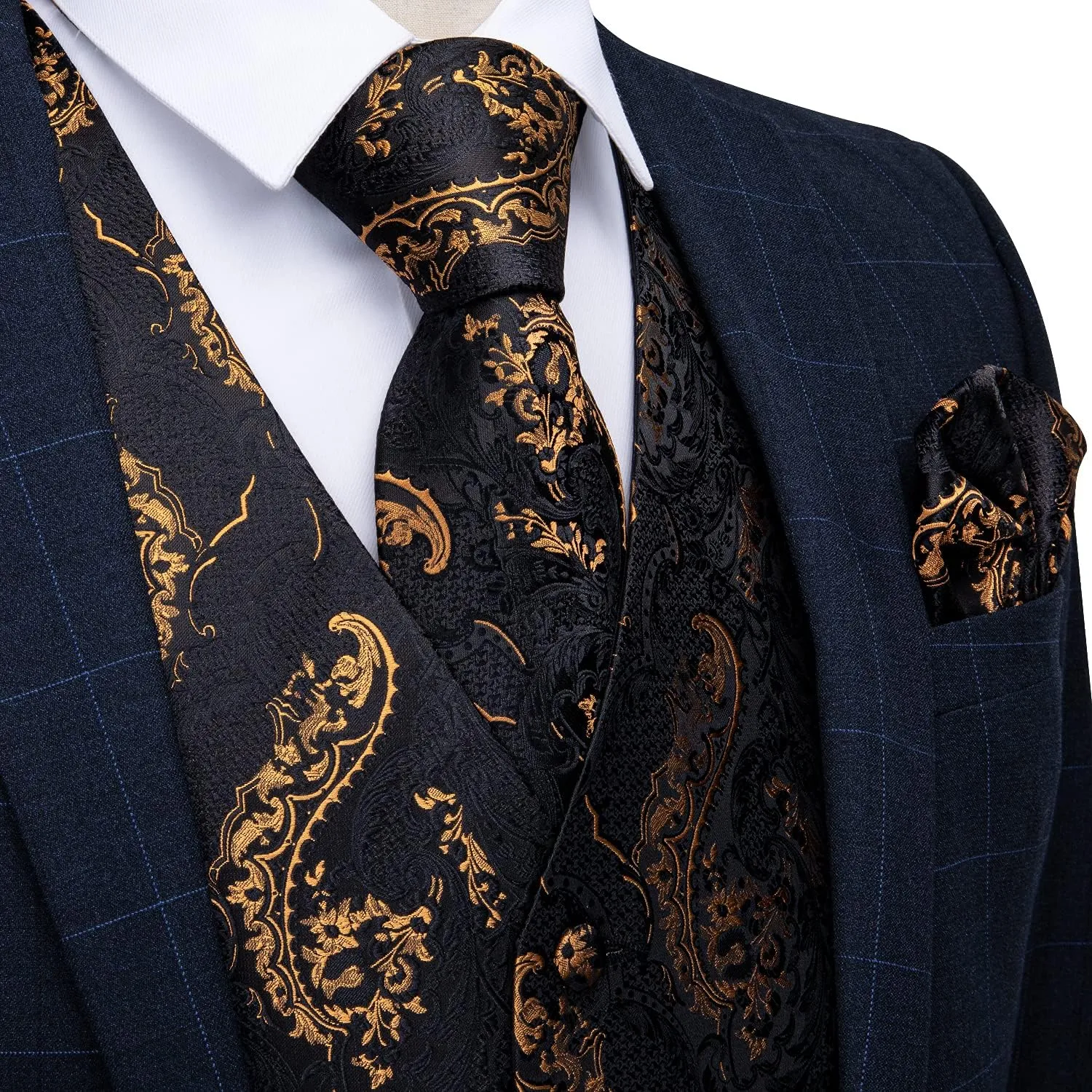 DiBanGu Men's Silk Paisley Vest and Necktie Set 6PCS Pre-tied Bow Tie Formal Waistcoat for Wedding Party