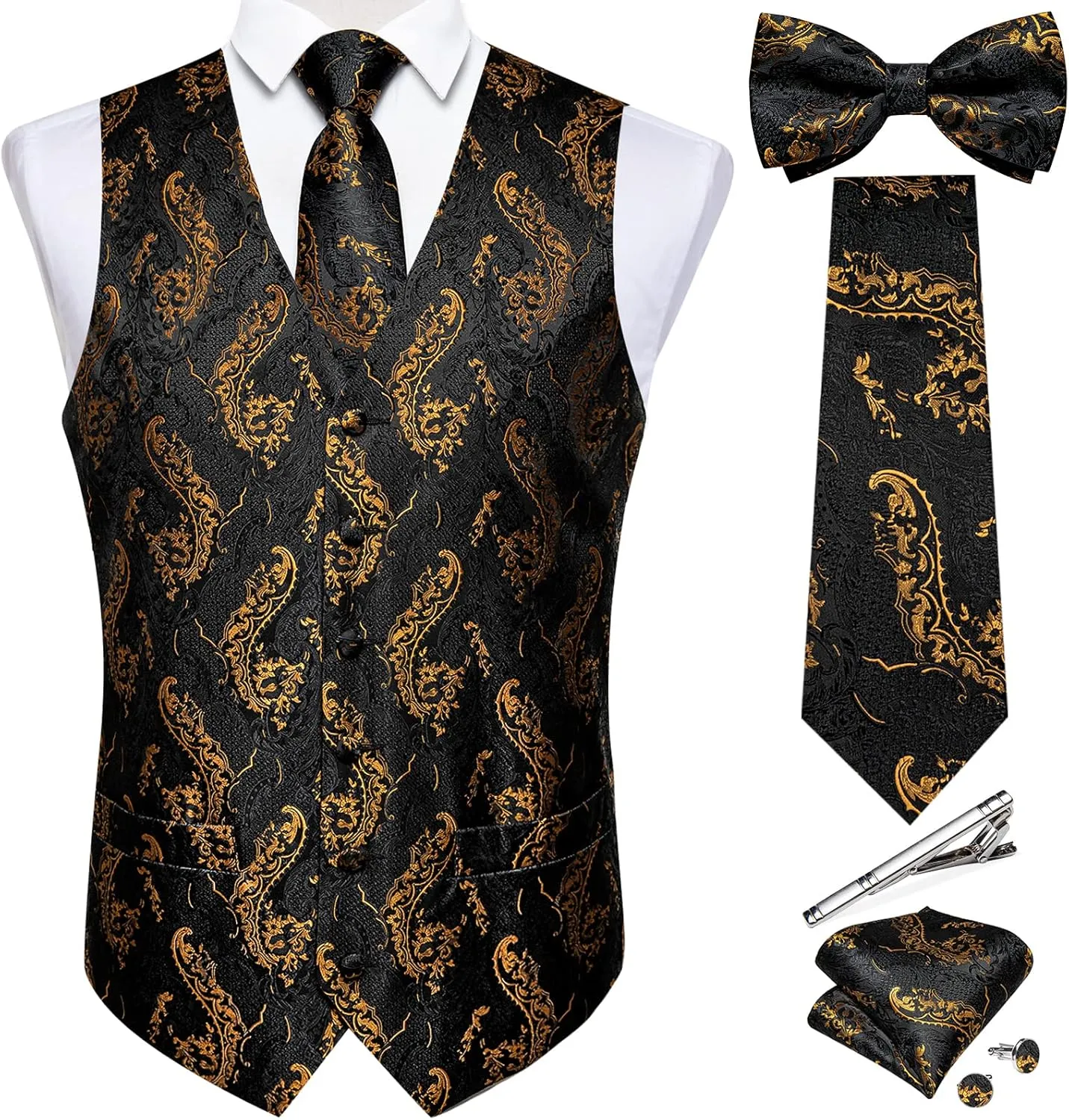 DiBanGu Men's Silk Paisley Vest and Necktie Set 6PCS Pre-tied Bow Tie Formal Waistcoat for Wedding Party