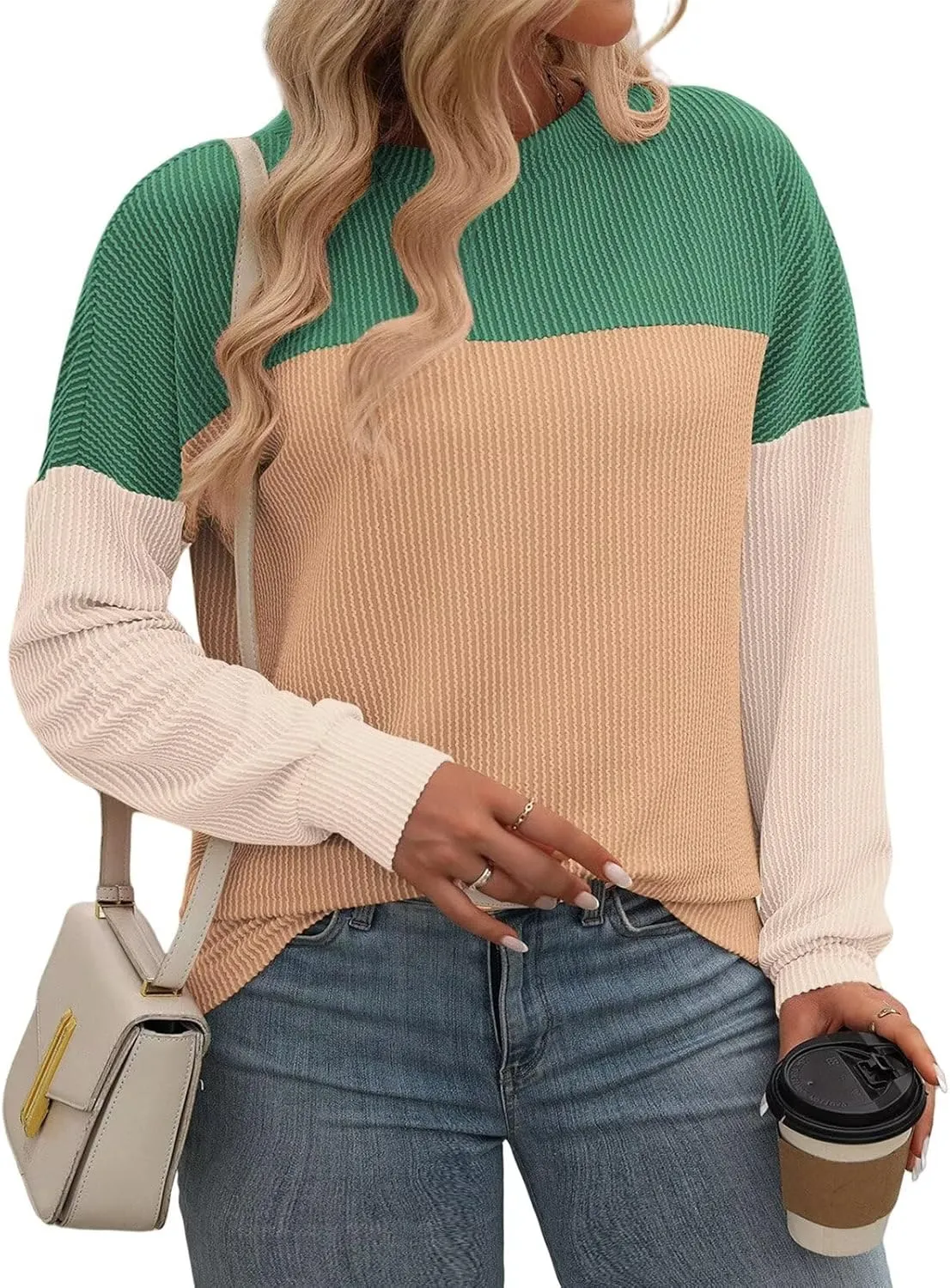 DOLNINE Plus-Size-Tops-for-Women Fall Long Sleeve Shirts Casual Color Block Crewneck Sweatshirts Oversized Ribbed Knit Tunic