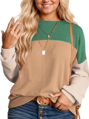 DOLNINE Plus-Size-Tops-for-Women Fall Long Sleeve Shirts Casual Color Block Crewneck Sweatshirts Oversized Ribbed Knit Tunic