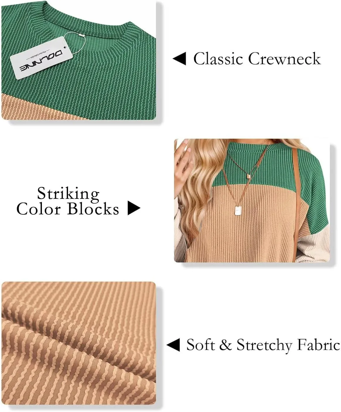 DOLNINE Plus-Size-Tops-for-Women Fall Long Sleeve Shirts Casual Color Block Crewneck Sweatshirts Oversized Ribbed Knit Tunic