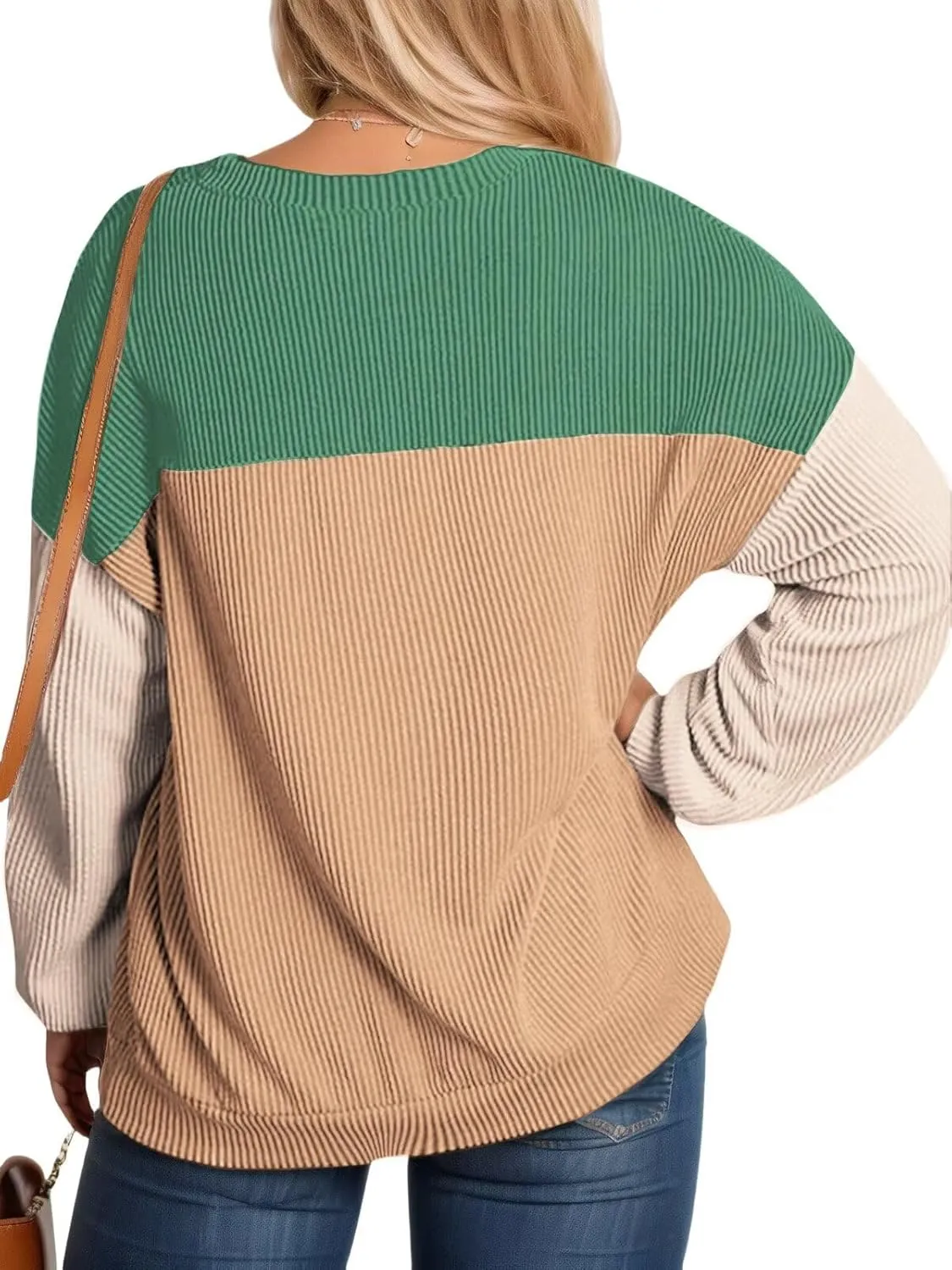 DOLNINE Plus-Size-Tops-for-Women Fall Long Sleeve Shirts Casual Color Block Crewneck Sweatshirts Oversized Ribbed Knit Tunic