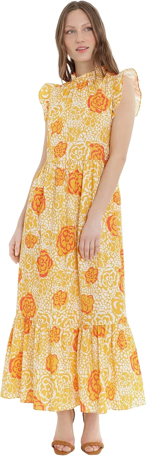 Donna Morgan Women's Floral Printed Maxi with Ruffle Neck, Shoulders, and Bottom Tier Skirt