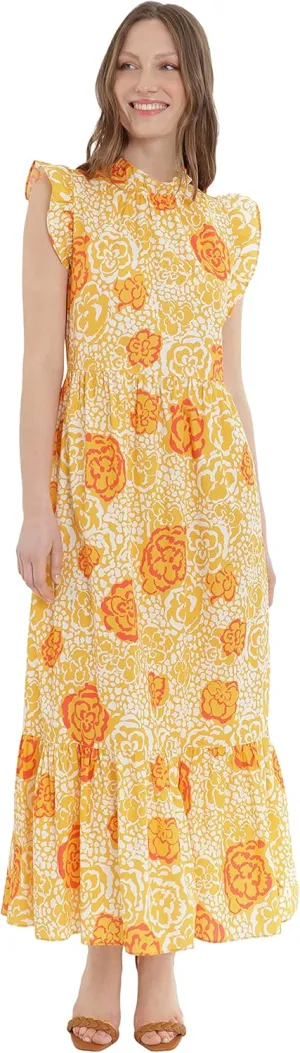 Donna Morgan Women's Floral Printed Maxi with Ruffle Neck, Shoulders, and Bottom Tier Skirt