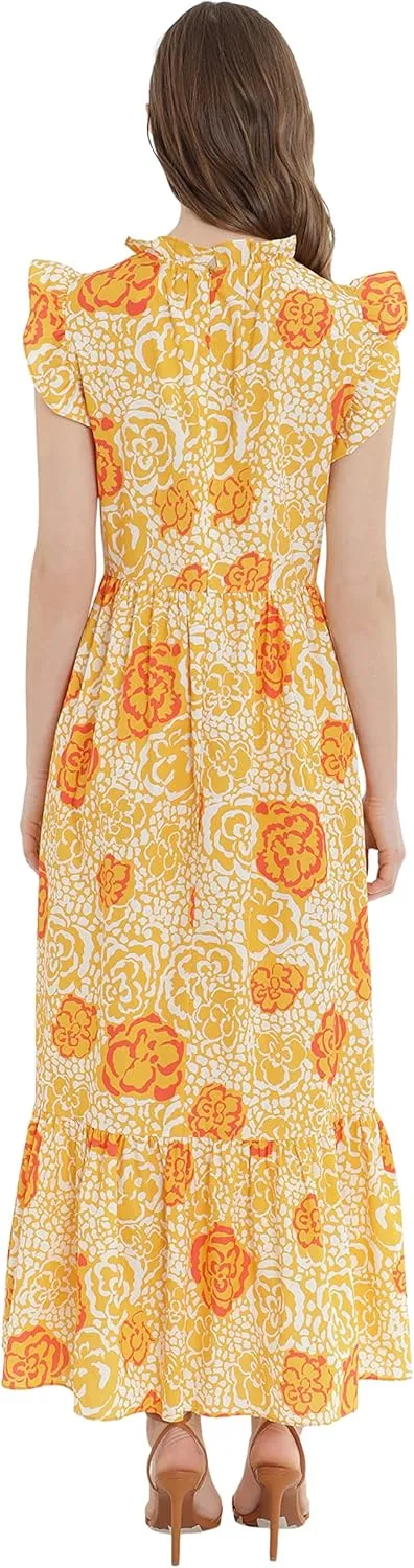Donna Morgan Women's Floral Printed Maxi with Ruffle Neck, Shoulders, and Bottom Tier Skirt