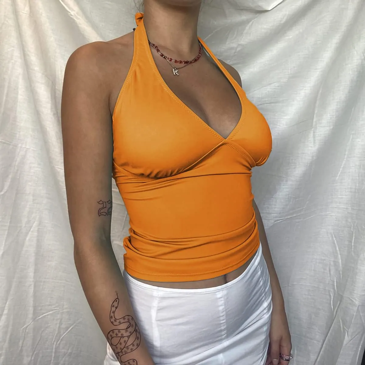 DREAM SLIM Women's Tie Back Halter Crop Top Sexy Deep V Neck Sleeveless Tie Back Camisole Casual Workout Tank Tops