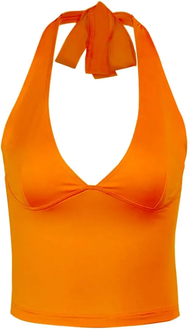 DREAM SLIM Women's Tie Back Halter Crop Top Sexy Deep V Neck Sleeveless Tie Back Camisole Casual Workout Tank Tops