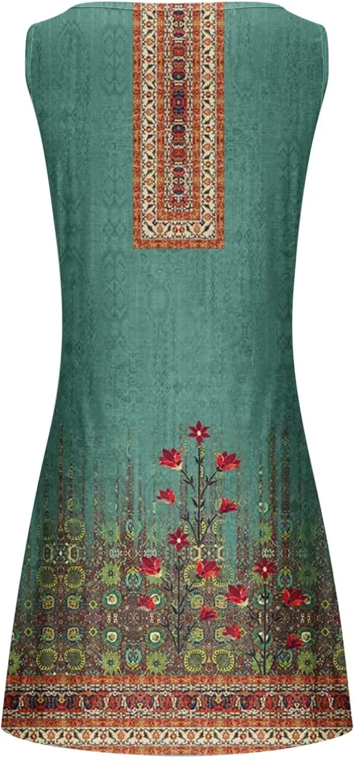 Dresses for Women Casual Sleeveless Mini Dress Fashion Aztec Print Boho Floral Sundress Boho Beach Summer Dress
