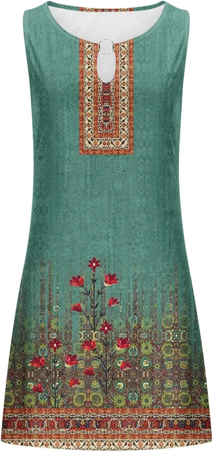 Dresses for Women Casual Sleeveless Mini Dress Fashion Aztec Print Boho Floral Sundress Boho Beach Summer Dress