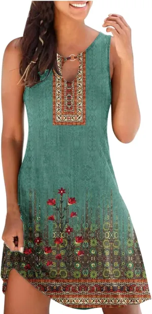 Dresses for Women Casual Sleeveless Mini Dress Fashion Aztec Print Boho Floral Sundress Boho Beach Summer Dress