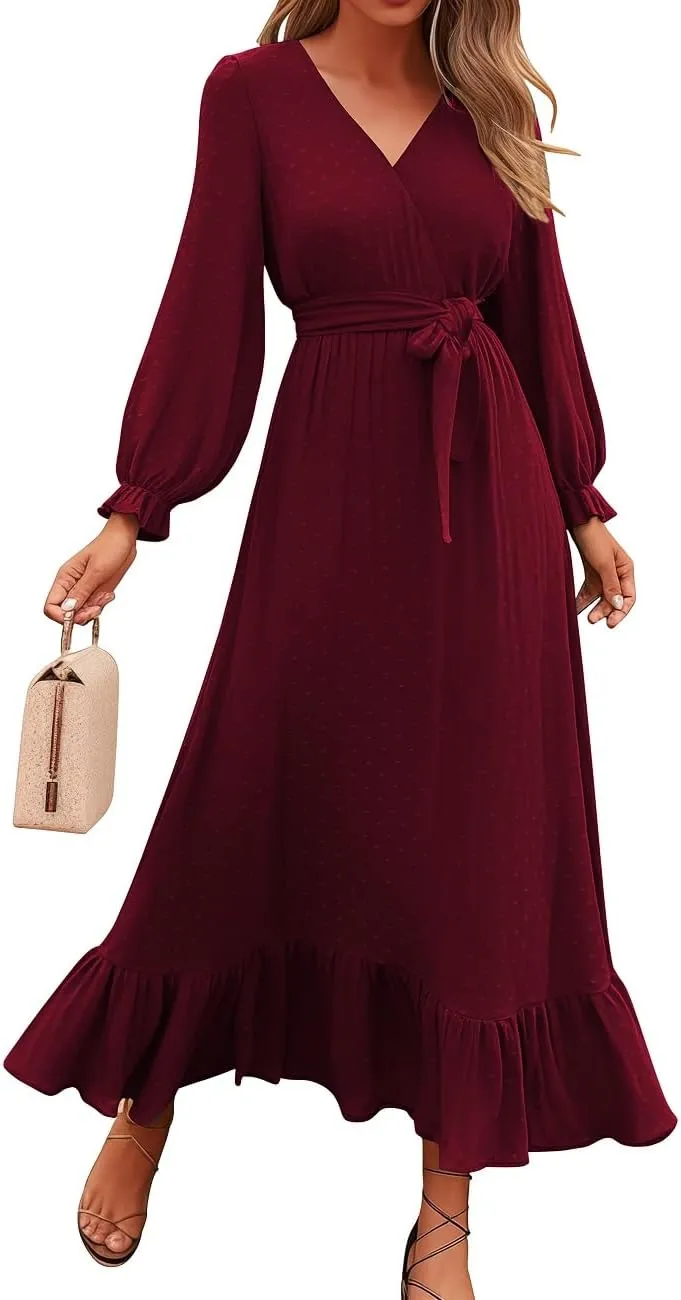 Dresses for Women Long Sleeve V Neck Swiss Dots Maxi Dress Boho Long Dress High Waisted A-Line Ruffle Dress