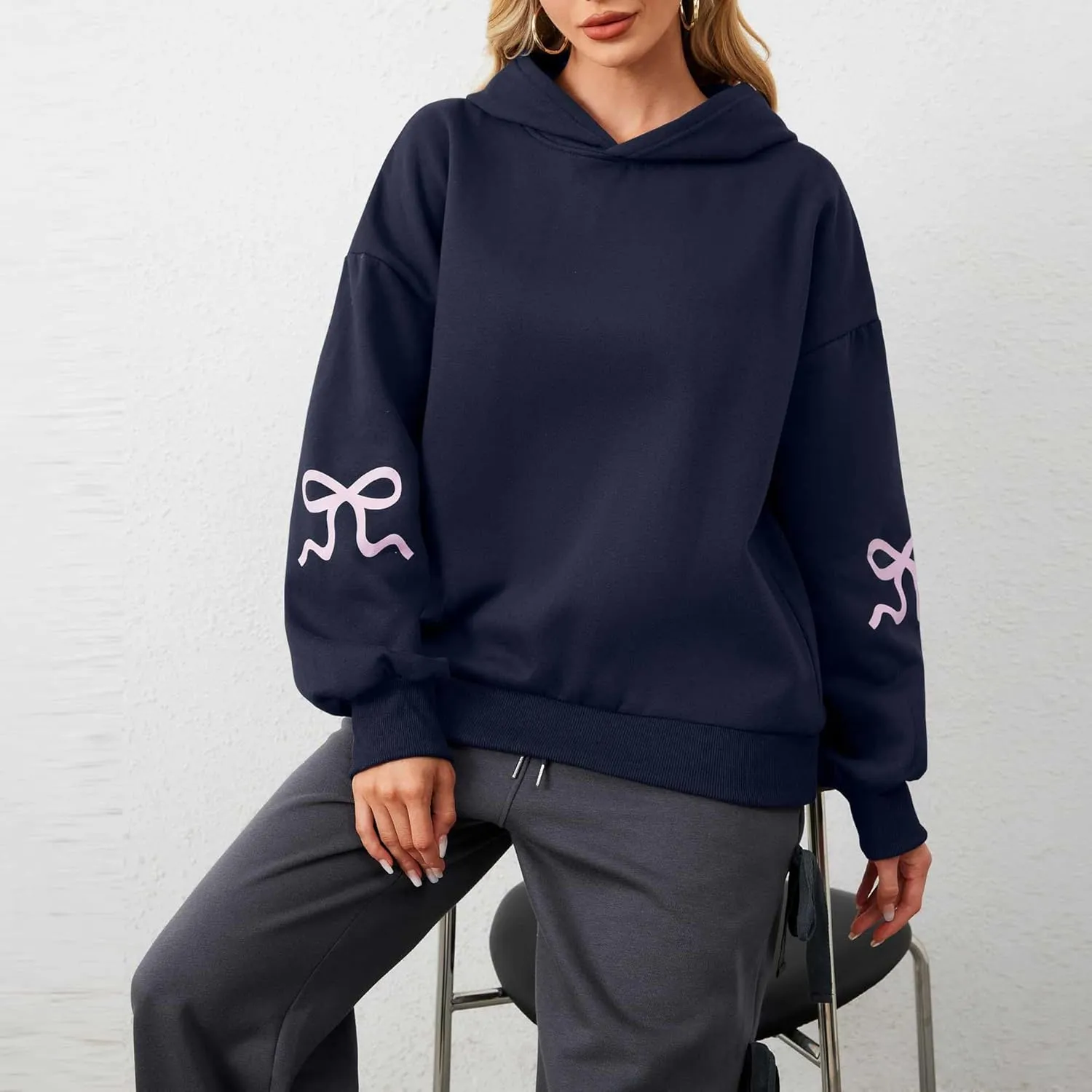 DSORVICD Women Bow Graphic Sweatshirt Y2k Long Sleeve Oversized Hoodies Cute Loose Fit Pullovers Teen Girls Preppy Streetwear