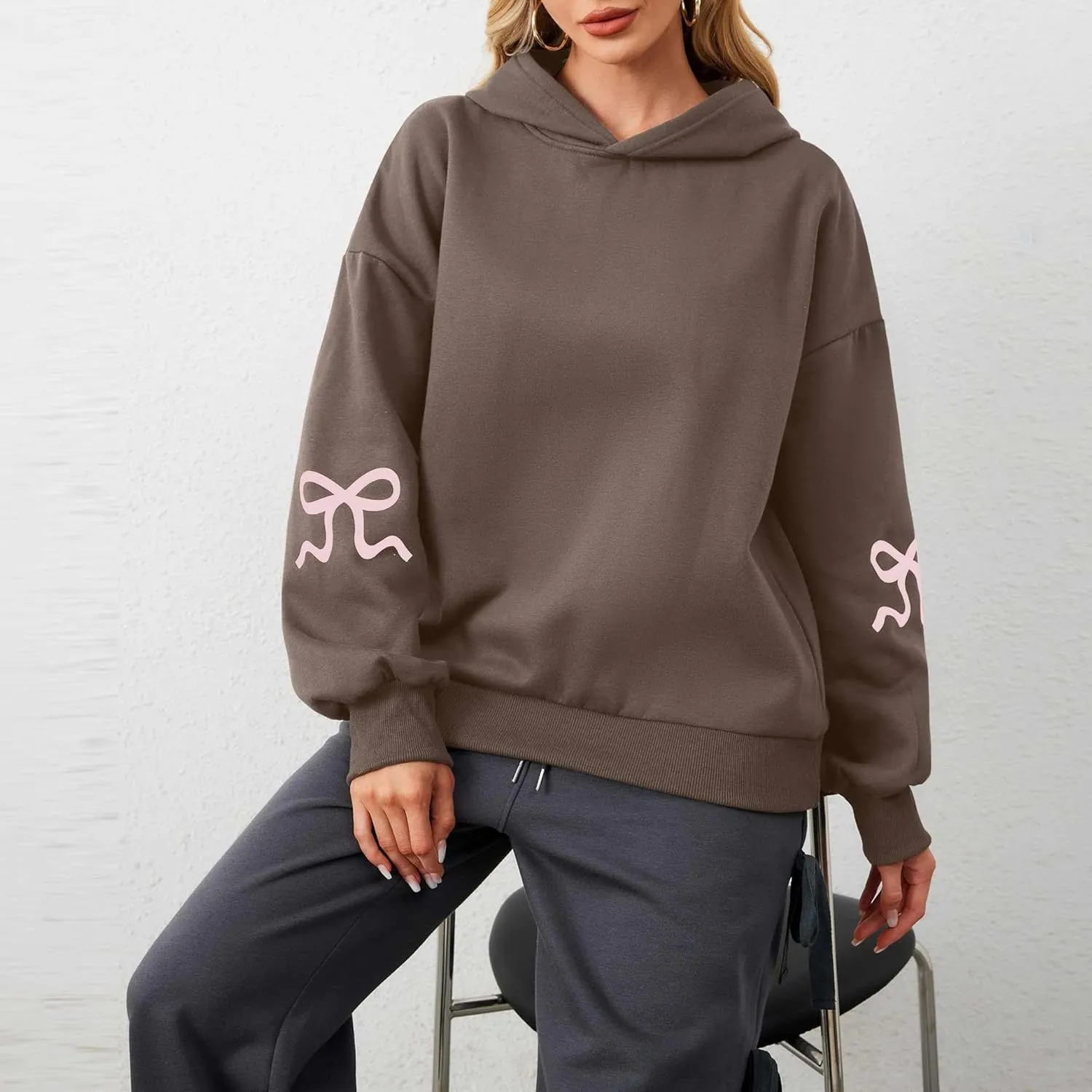 DSORVICD Women Bow Graphic Sweatshirt Y2k Long Sleeve Oversized Hoodies Cute Loose Fit Pullovers Teen Girls Preppy Streetwear