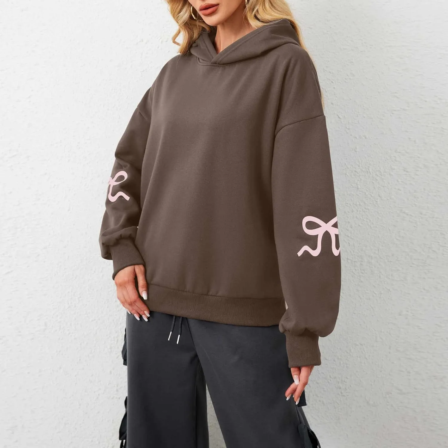 DSORVICD Women Bow Graphic Sweatshirt Y2k Long Sleeve Oversized Hoodies Cute Loose Fit Pullovers Teen Girls Preppy Streetwear