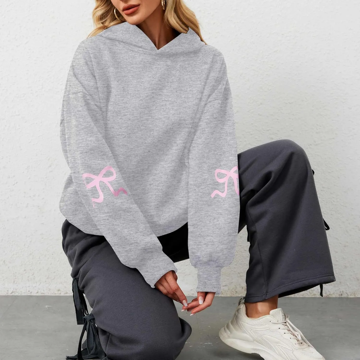 DSORVICD Women Bow Graphic Sweatshirt Y2k Long Sleeve Oversized Hoodies Cute Loose Fit Pullovers Teen Girls Preppy Streetwear