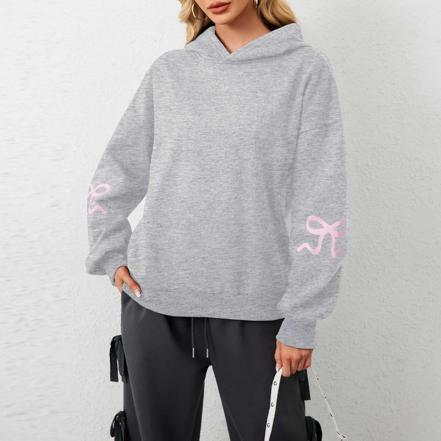 DSORVICD Women Bow Graphic Sweatshirt Y2k Long Sleeve Oversized Hoodies Cute Loose Fit Pullovers Teen Girls Preppy Streetwear