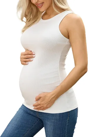 Ecavus Women's Maternity Tank Top Ribbed Basic Tops with Side Ruched Sleeveless Pregnancy Shirt Vest