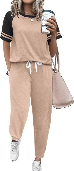 Ekouaer Lounge Sets for Women Two Piece Pajama Set Short Sleeve Crewneck Jogger Outfits and Sweatpants Tracksuit with Pockets