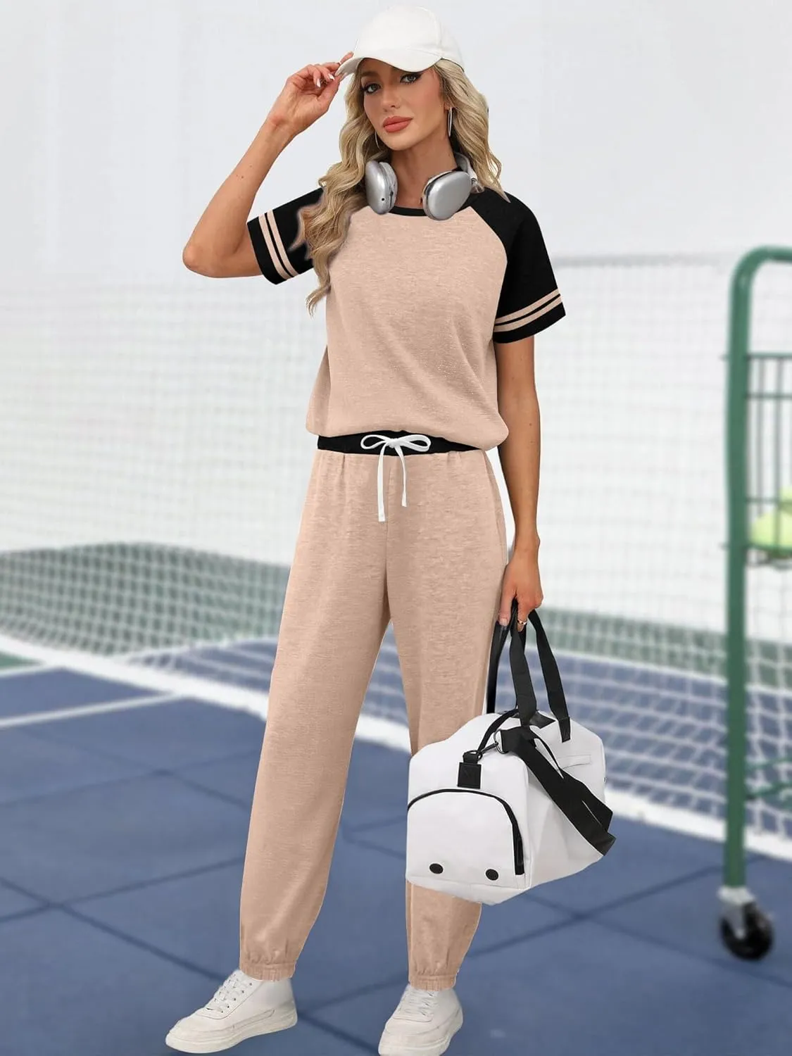 Ekouaer Lounge Sets for Women Two Piece Pajama Set Short Sleeve Crewneck Jogger Outfits and Sweatpants Tracksuit with Pockets