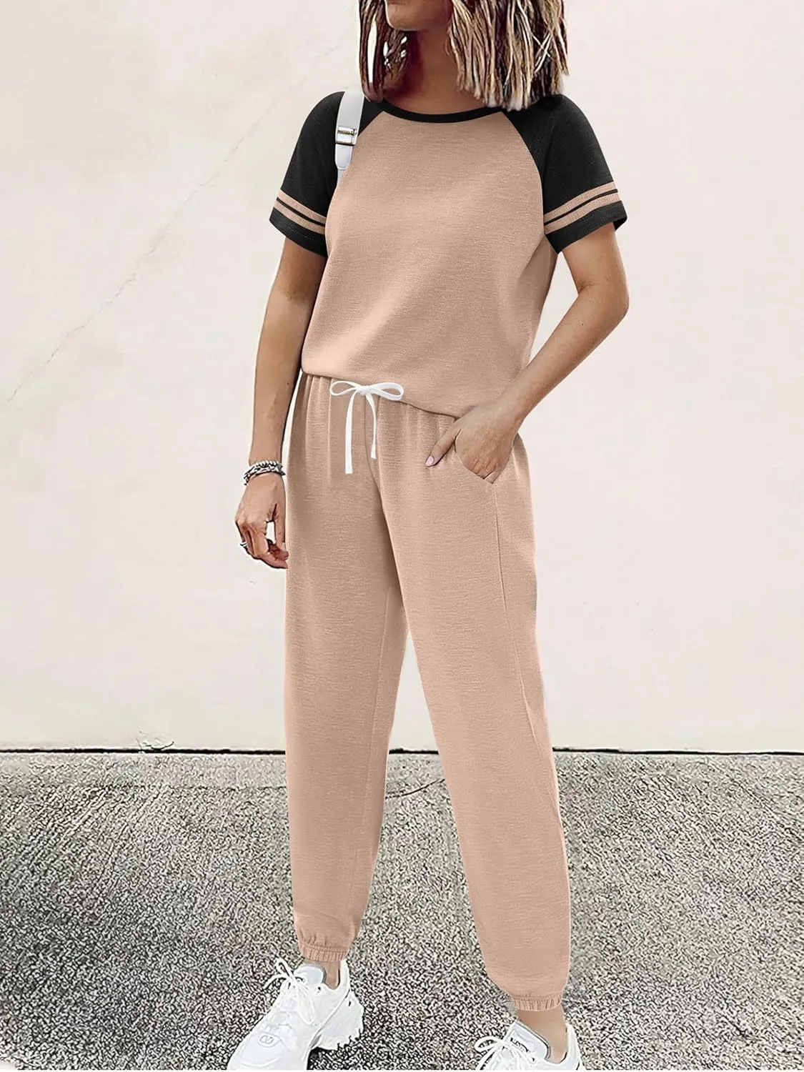 Ekouaer Lounge Sets for Women Two Piece Pajama Set Short Sleeve Crewneck Jogger Outfits and Sweatpants Tracksuit with Pockets