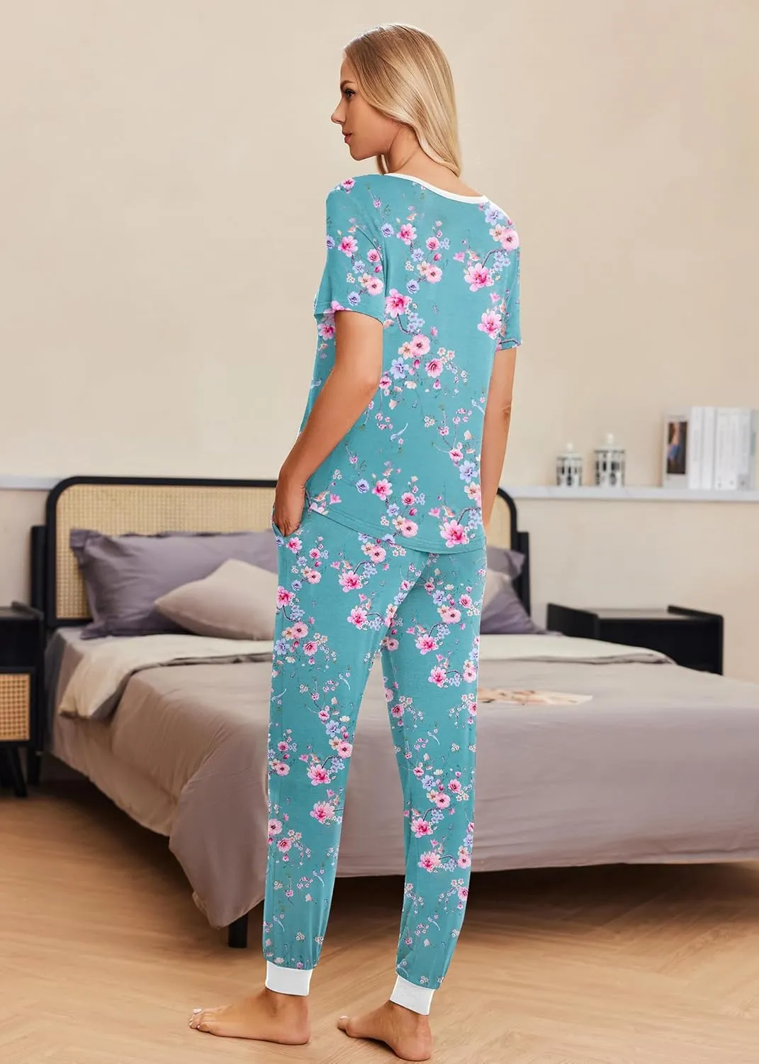 Ekouaer Pajamas Set Womens 2 Piece Lounge Set Short Sleeve Pjs Joggers Pants Sleepwear with Pockets