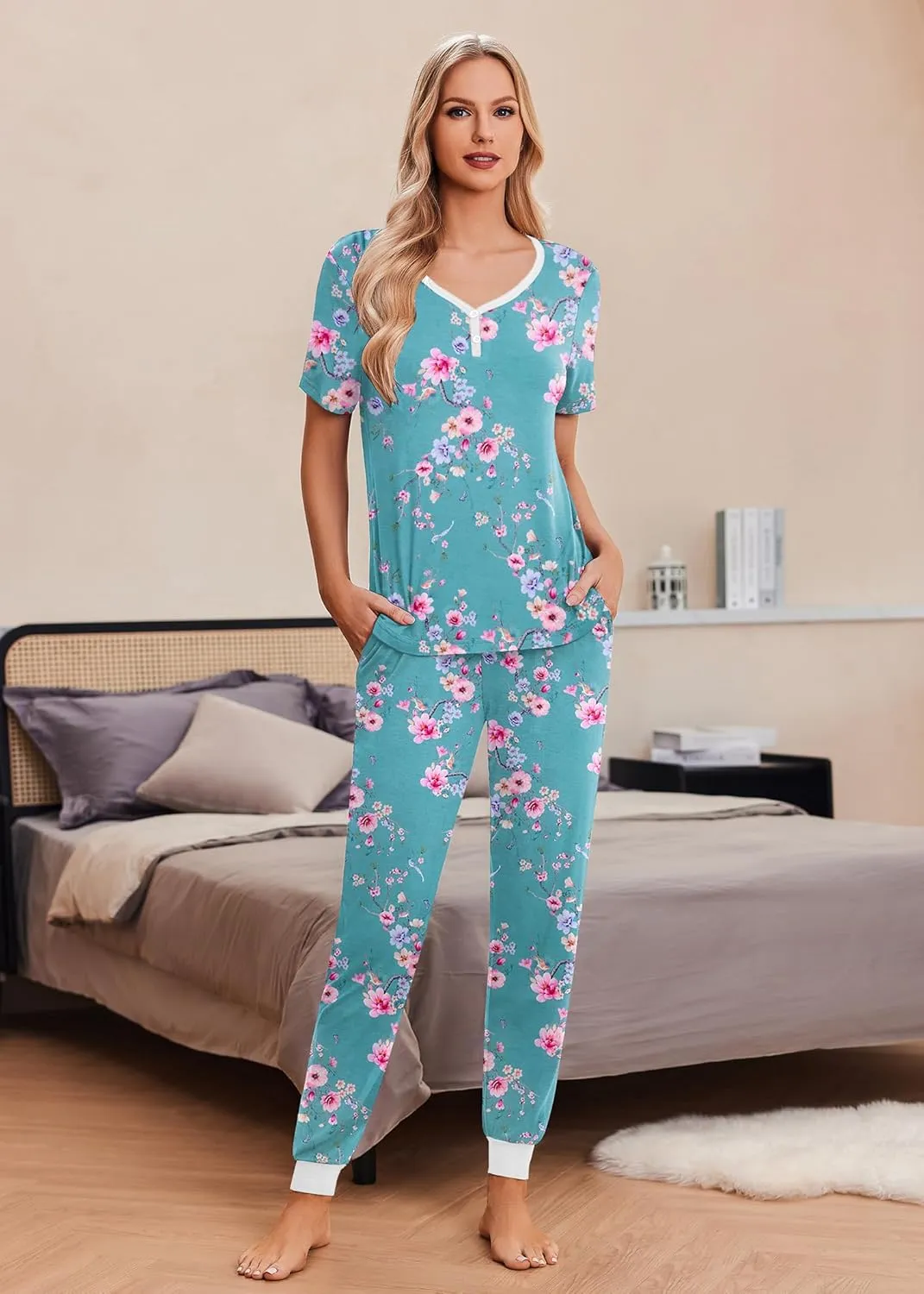 Ekouaer Pajamas Set Womens 2 Piece Lounge Set Short Sleeve Pjs Joggers Pants Sleepwear with Pockets