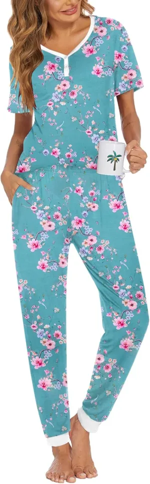 Ekouaer Pajamas Set Womens 2 Piece Lounge Set Short Sleeve Pjs Joggers Pants Sleepwear with Pockets