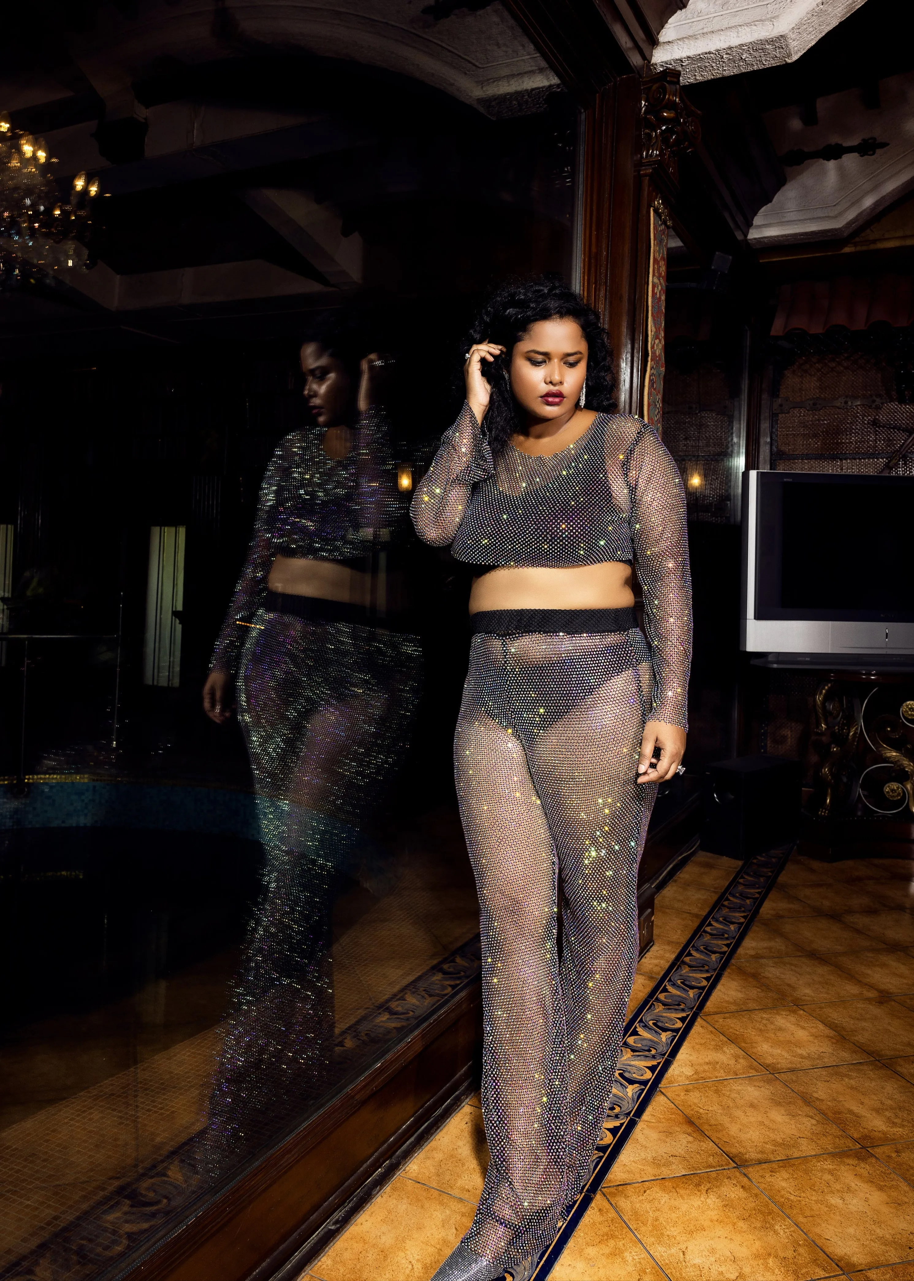 Eliana Black Crystal Mesh Pants