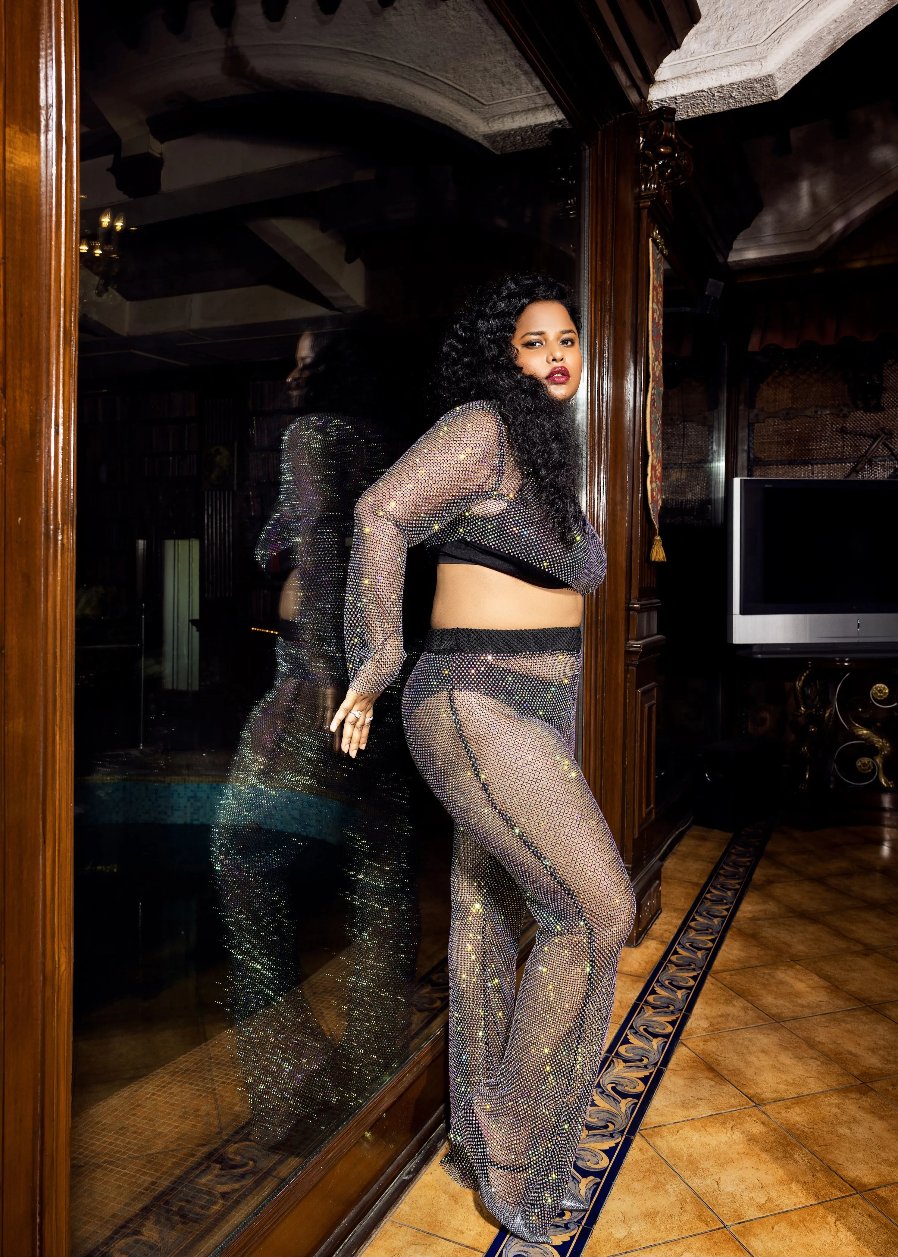 Eliana Black Crystal Mesh Pants